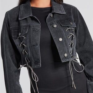 Women's Black Denim Jacket with Lace-Up Detail